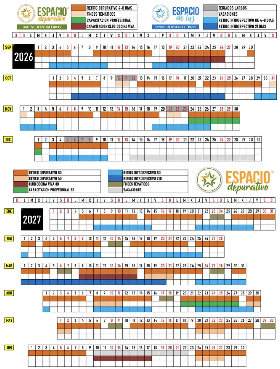 Calendario de Retiros Introspectivos 2026-2027 - Espacio de Luz